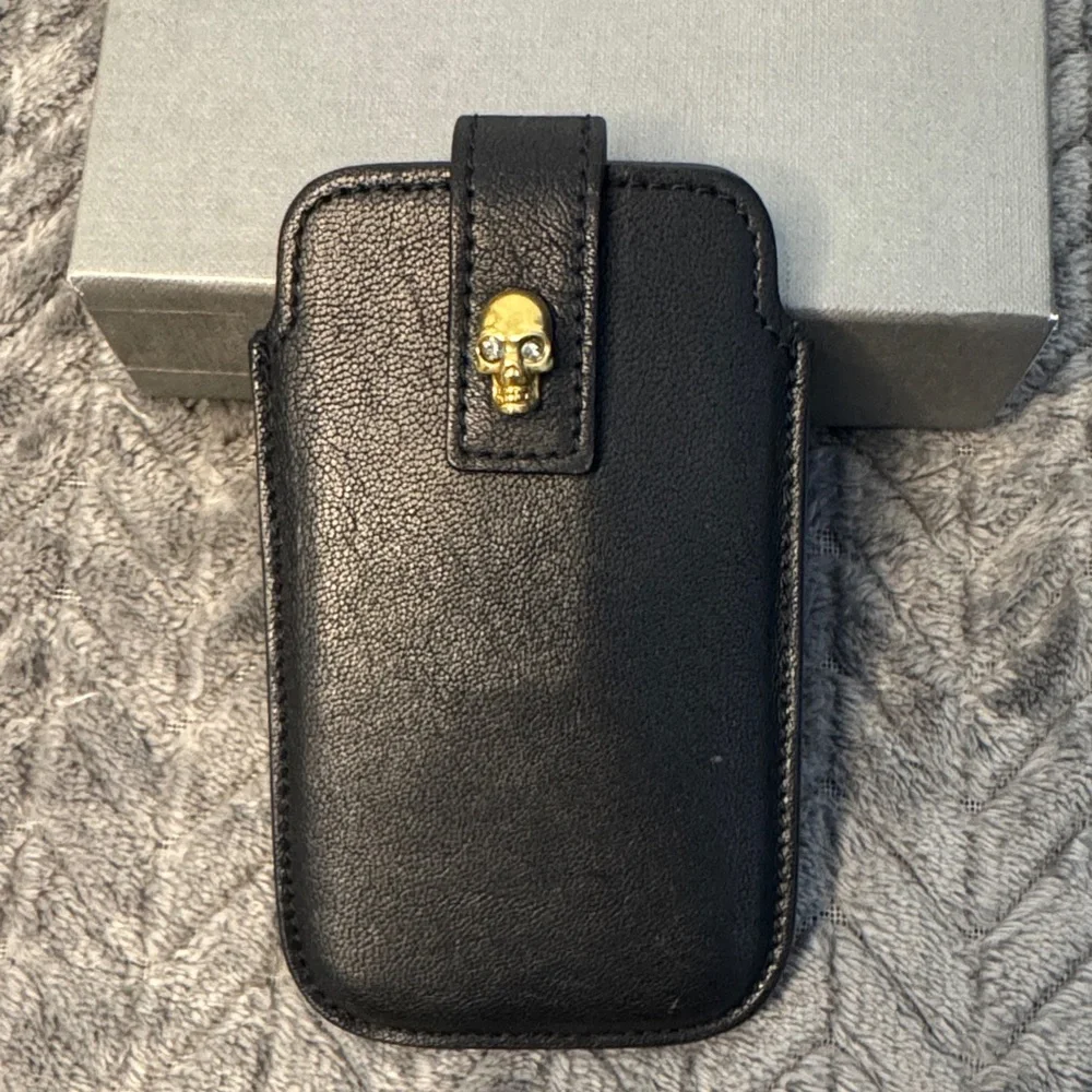 Alexander McQueen Black Phone Holder with Gold Skull Detail